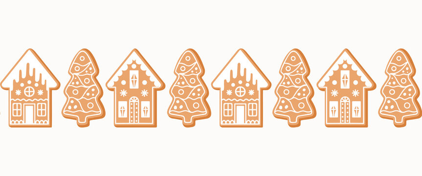 Seamless border pattern of gingerbread Christmas houses and trees, on isolated background. Hand drawn design for Winter, Christmas and New Year celebration, for paper crafts or home decor. 