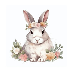 Easter bunny with spring flowers and leaves, watercolor wreath. Cute vintage rabbit isolated on white background, illustration