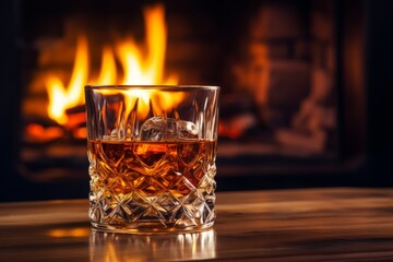 The Perfect Nightcap: A Rich Glass of Scotch Whiskey Basking in the Hearth's Warm Light
