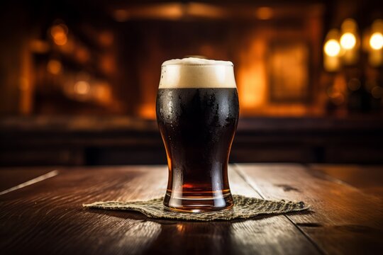 A traditional pint of Dry Stout basking in the inviting ambiance of an old-world pub