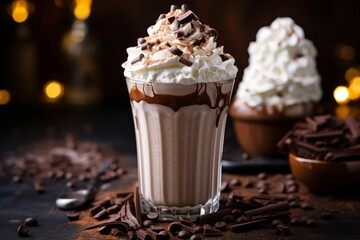 A detailed view of a rich and creamy chocolate malt milkshake served in a tall glass