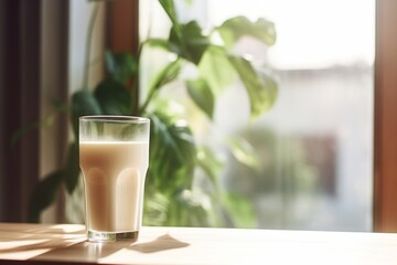The morning sun illuminates a glass of nutritious oat milk on an old wooden table