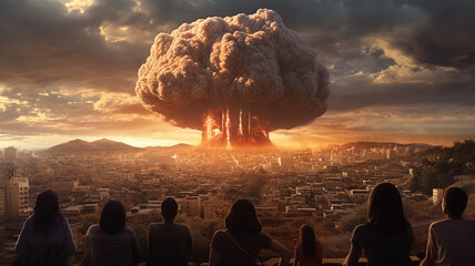 People watching a large explosion in a city - obrazy, fototapety, plakaty