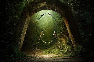 Enchanted woods with bow-and-arrow gateway emitting luminous aura. Generative AI