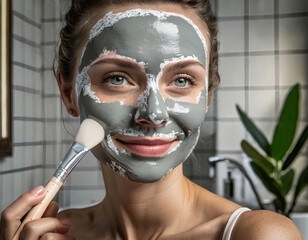 A woman applying a clay mask on her face