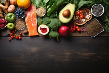 Fototapeta na wymiar Selection of healthy food on rustic wooden background