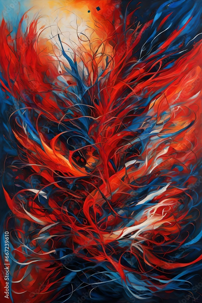 Poster An abstract artwork that explores the chaos of creation, featuring dynamic, explosive forms and a bold, contrasting color scheme of fiery reds and cool, deep blues.