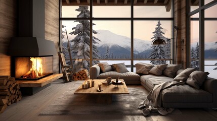 Cozy modern winter living room interior with a modern fireplace in a chalet 
