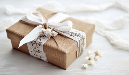 Eco-Friendly Gift Box Wrapped in Recycled Paper with Delicate White Cotton Lace Bow and Blank Tag on White Wooden Background - Created with Generative AI Tools