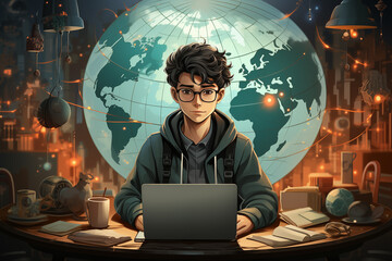 Student attending a virtual classroom on a computer screen, with a world map in the background, showcasing the global reach of online education on International Day of Education