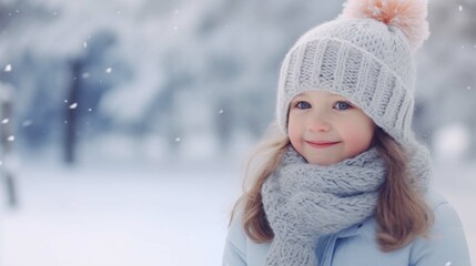 Cute little baby girl smiling wearing woolen cap and scarf and winter clothes with snow day in winter.