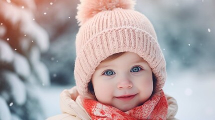 Cute little baby girl smiling wearing woolen cap and scarf and winter clothes with snow day in winter.