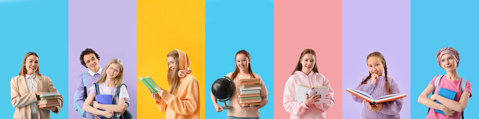 Collage with many people reading books on color background