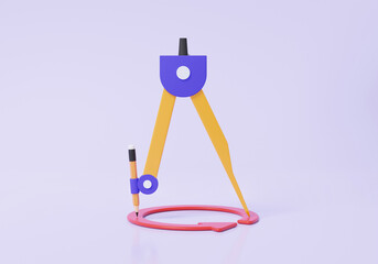 Geometric compass circle school supplies for children create circle picture for math, stationery, drawing, school, student, kid, architec design isolated on purple background. 3d render illustration.