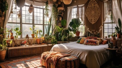 Fototapeta na wymiar Bedroom decor, home interior design . Bohemian Eclectic style with Tapestry decorated with Rattan and Textile material . Generative AI AIG26.