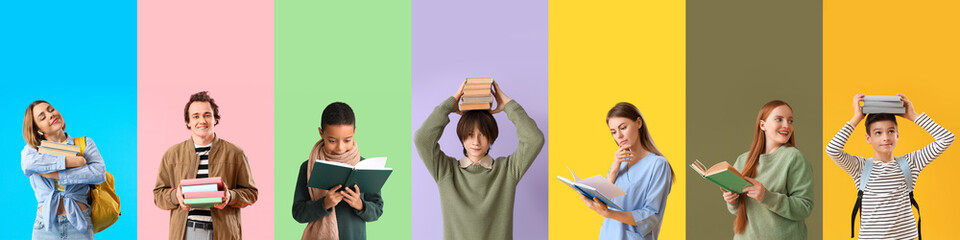 Collage with many people reading books on color background