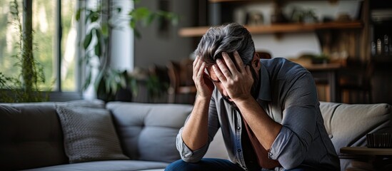 Exhausted man in living room experiencing mental health issues including depression anxiety and financial problems resulting in frustration and despair - obrazy, fototapety, plakaty