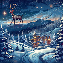 Reindeer in the Snowy Mountains with Christmas Village
