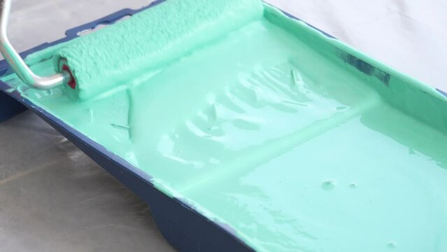 The roller picks up green paint from a container or tray. Preparing for painting. Home renovation. Close-up.