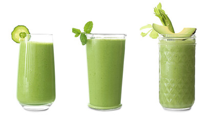 Set of healthy green smoothies on white background