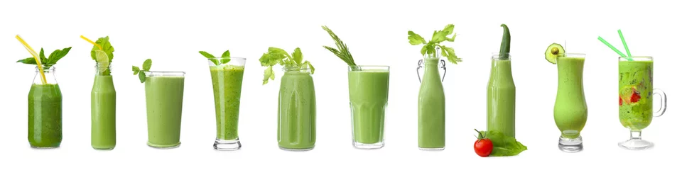 Foto op Plexiglas Set of many healthy green smoothies on white background © Pixel-Shot