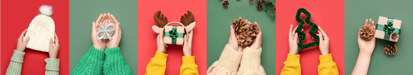 Collage of hands with Christmas gifts, decorations and hat on red and green backgrounds