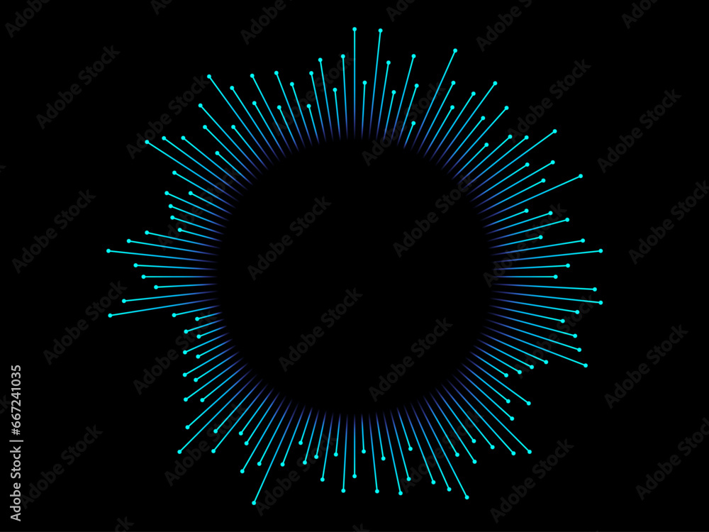Poster Abstract vector explosion circle frame. Equalizer glowing pattern with dots lines in blue green colors isolated on black background. Vector design in concept of music, AI technology, science