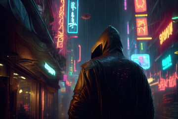 Obraz premium Urban cyberpunk scene with enigmatic cloaked figure in futuristic megacity