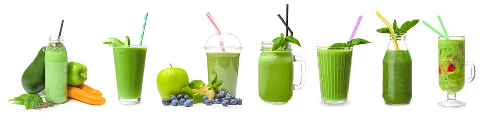 Set of healthy green smoothies isolated on white