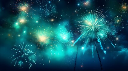 Fototapeta na wymiar Background of cyan Fireworks. Festive Template for New Year's Eve and Celebrations