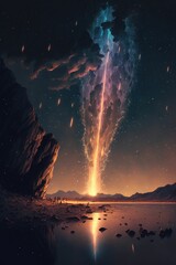 Stunning meteor shower illuminates a remote alien landscape at night
