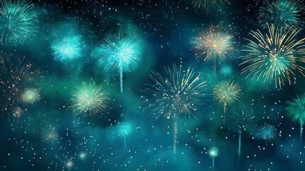 Background of cyan Fireworks. Festive Template for New Year's Eve and Celebrations - obrazy, fototapety, plakaty