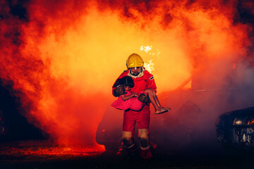 Naklejka premium Firefighter in Action, Protecting People from Fire and Smoke. Fearless Firefighter Rescues Girl from Raging Fire and Smoke. Brave Firefighters Save Lives in Danger.