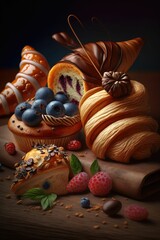 An assortment of freshly baked pastries including croissants cinnamon rolls and pain au chocolat