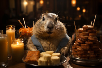 groundhog sits at the table to eat, groundhog eating at a table, groundhog day, AI generated image 