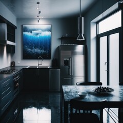 Modern minimalist dinning room, home interior design with clean lines sleek furniture