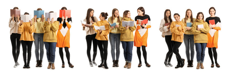 Set of many young women with books on white background
