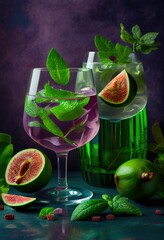 Exquisite refreshing cocktails garnished with fresh figs and crisp tonic water and gin