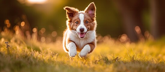 Energetic border collie puppy running happily on grass in park Brown and white coat