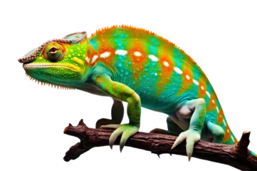 Foto op Canvas colorful chameleon lizard on tree branch. transparent background © ronstik