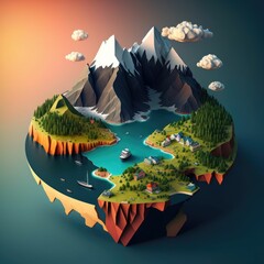Floating island with lake and beautiful landscape, green forest with trees and mountains
