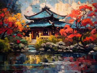 Colorful autumn landscape in Hangzhou, China. Illustration painting