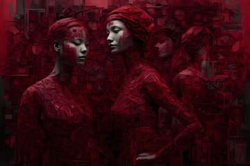 A digital artwork that explores the 'metamorphosis of identity,' featuring a blend of fragmented, morphing figures and symbols in shades of deep crimson and charcoal.