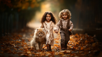 Cute little girls and boys run through the beautiful autumn forest with a cat