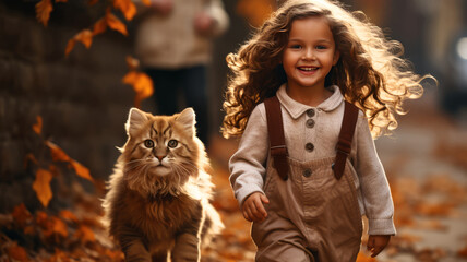 Cute little girl walks with a cat through the beautiful autumn forest