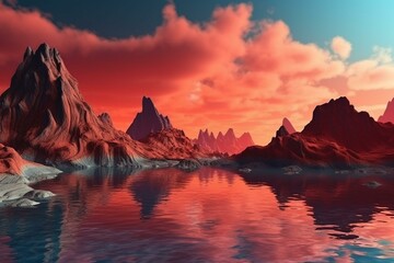 Fototapeta na wymiar Panoramic background depicting a surreal landscape with water, cliffs, rocks, mountains, and a dramatic red blue sky. Generative AI