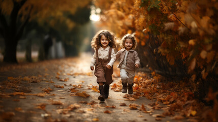 Cute little girls and boys run through the beautiful autumn forest