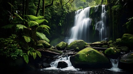 Panorama of a beautiful waterfall in the rainforest, long exposure