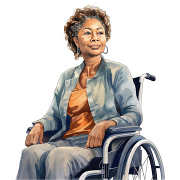 Middle aged african american woman in wheelchair, isolated on transparent background