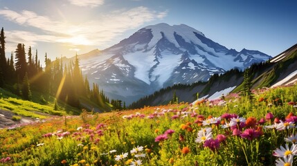 Panoramic view of Mount St Helens and flowers at sunrise